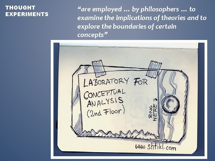 THOUGHT EXPERIMENTS “are employed … by philosophers … to examine the implications of theories
