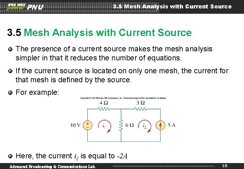 세계로 미래로 power PNU 3. 5 Mesh Analysis with Current Source The presence of