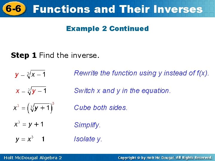 6 -6 Functions and Their Inverses Example 2 Continued Step 1 Find the inverse.