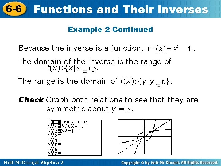 6 -6 Functions and Their Inverses Example 2 Continued Because the inverse is a