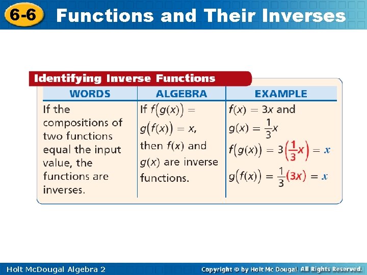 6 -6 Functions and Their Inverses Holt Mc. Dougal Algebra 2 