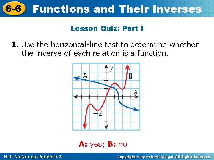 6 -6 Functions and Their Inverses Lesson Quiz: Part I 1. Use the horizontal-line