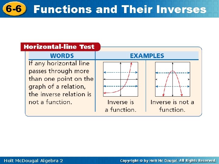 6 -6 Functions and Their Inverses Holt Mc. Dougal Algebra 2 