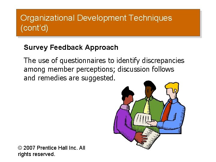 Organizational Development Techniques (cont’d) Survey Feedback Approach The use of questionnaires to identify discrepancies