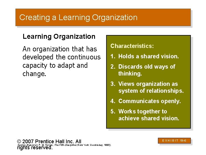 Creating a Learning Organization An organization that has developed the continuous capacity to adapt