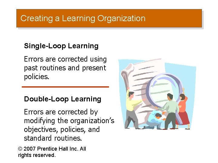 Creating a Learning Organization Single-Loop Learning Errors are corrected using past routines and present