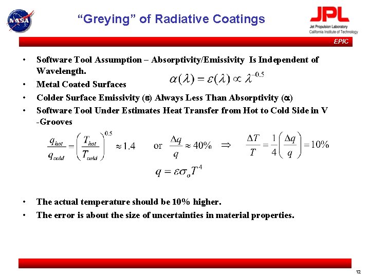 “Greying” of Radiative Coatings EPIC • • • Software Tool Assumption – Absorptivity/Emissivity Is