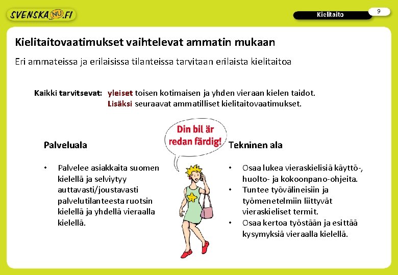 Kielitaitovaatimukset vaihtelevat ammatin mukaan Eri ammateissa ja erilaisissa tilanteissa tarvitaan erilaista kielitaitoa Kaikki tarvitsevat: Kielitaitovaatimukset vaihtelevat ammatin mukaan Eri ammateissa ja erilaisissa tilanteissa tarvitaan erilaista kielitaitoa Kaikki tarvitsevat:
