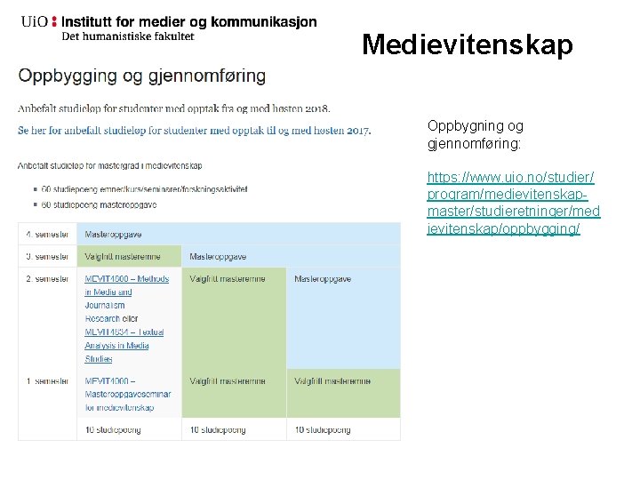 Medievitenskap Oppbygning og gjennomføring: https: //www. uio. no/studier/ program/medievitenskapmaster/studieretninger/med ievitenskap/oppbygging/ Medievitenskap Oppbygning og gjennomføring: https: //www. uio. no/studier/ program/medievitenskapmaster/studieretninger/med ievitenskap/oppbygging/