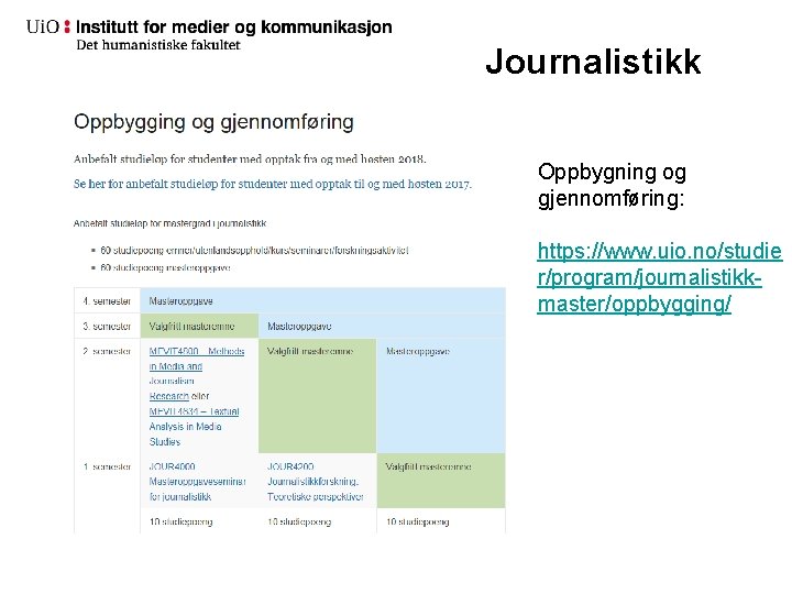 Journalistikk Oppbygning og gjennomføring: https: //www. uio. no/studie r/program/journalistikkmaster/oppbygging/ Journalistikk Oppbygning og gjennomføring: https: //www. uio. no/studie r/program/journalistikkmaster/oppbygging/