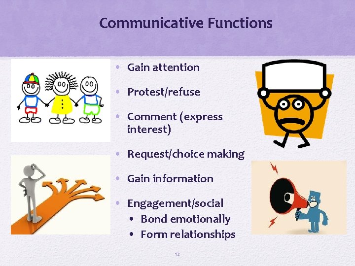 Communicative Functions • Gain attention • Protest/refuse • Comment (express interest) • Request/choice making