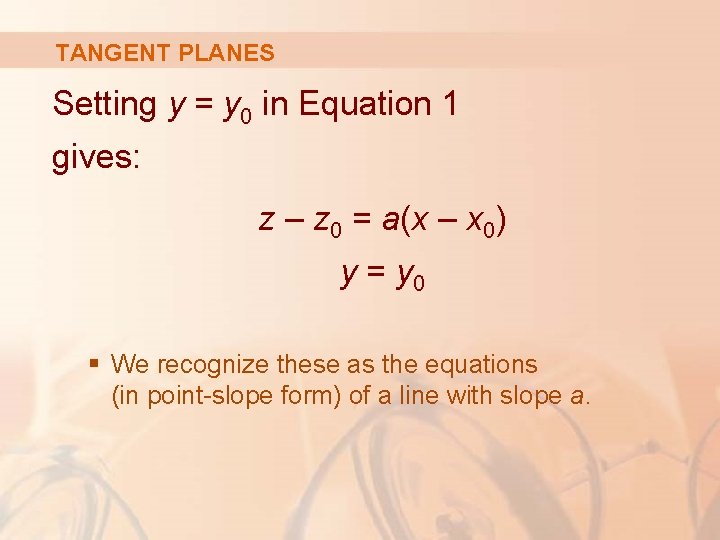 TANGENT PLANES Setting y = y 0 in Equation 1 gives: z – z