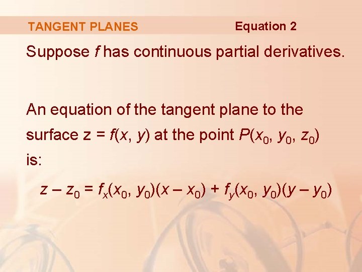 TANGENT PLANES Equation 2 Suppose f has continuous partial derivatives. An equation of the