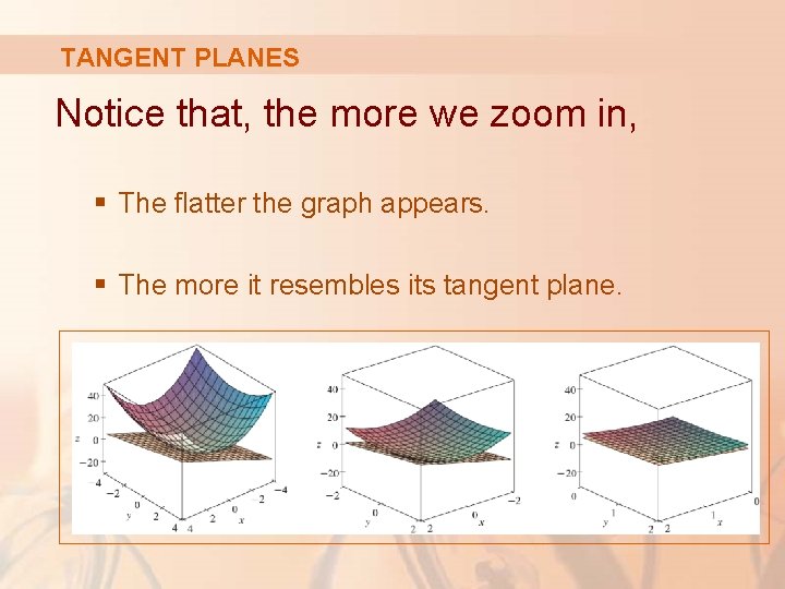 TANGENT PLANES Notice that, the more we zoom in, § The flatter the graph