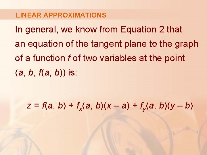 LINEAR APPROXIMATIONS In general, we know from Equation 2 that an equation of the