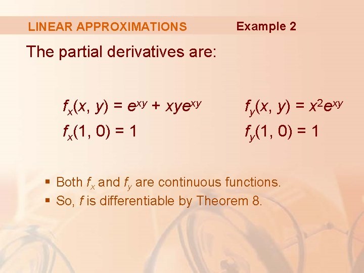 LINEAR APPROXIMATIONS Example 2 The partial derivatives are: fx(x, y) = exy + xyexy