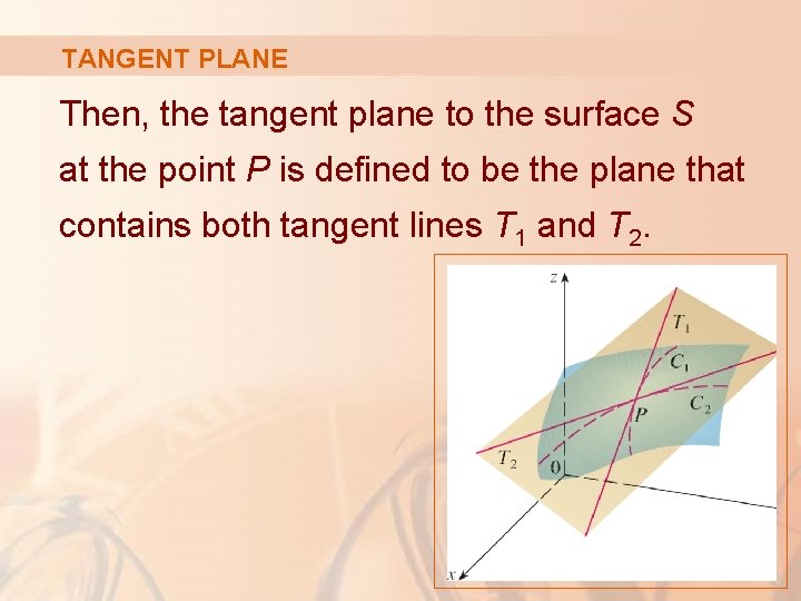 TANGENT PLANE Then, the tangent plane to the surface S at the point P