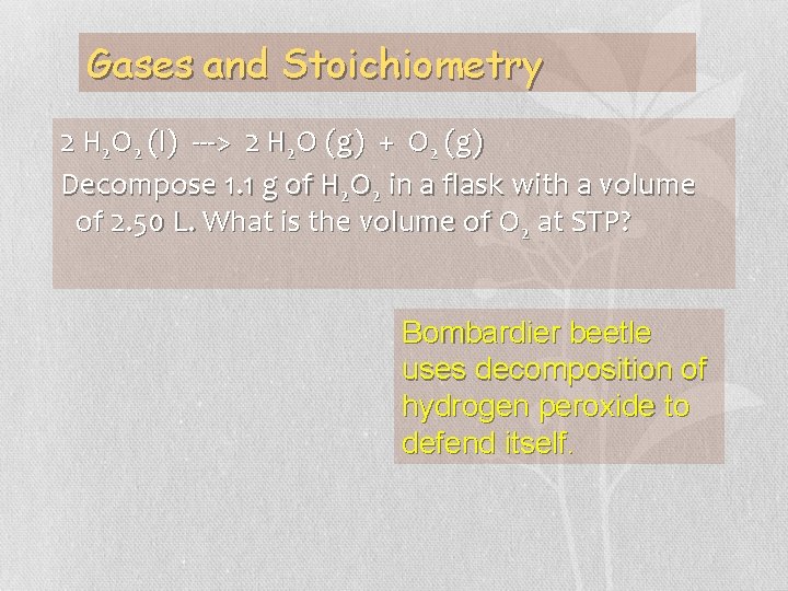 Gases and Stoichiometry 2 H 2 O 2 (l) ---> 2 H 2 O