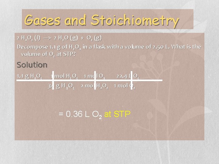Gases and Stoichiometry 2 H 2 O 2 (l) ---> 2 H 2 O