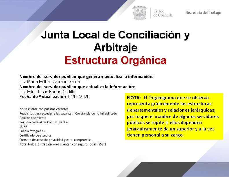 Junta Local de Conciliación y Arbitraje Estructura Orgánica Nombre del servidor público que genera