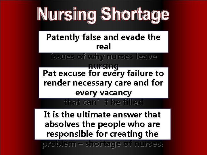 Nursing Shortage Patently false and evade the real issues of why nurses leave nursing