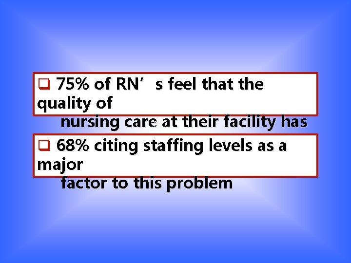 q 75% of RN’s feel that the quality of nursing care at their facility