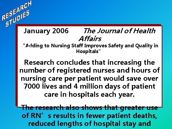 January 2006 The Journal of Health Affairs Resear ch Studie s “Adding to Nursing