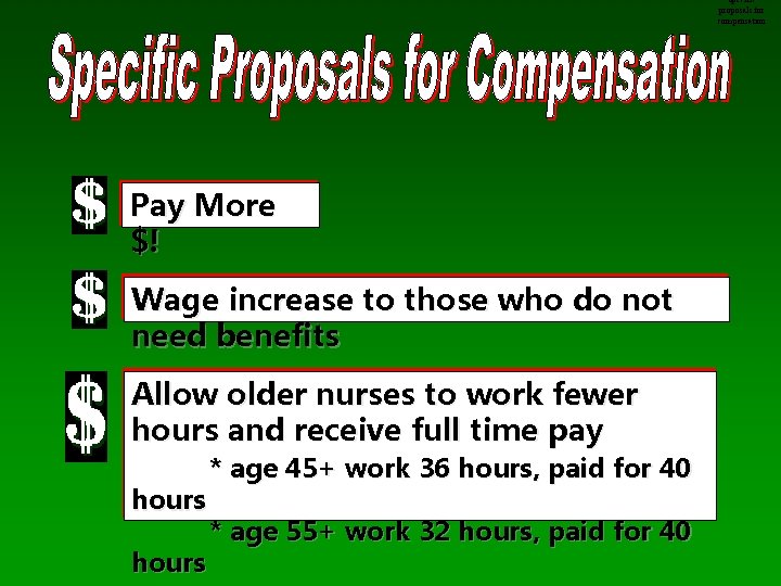 Specific proposals for compensation Pay More $! Wage increase to those who do not