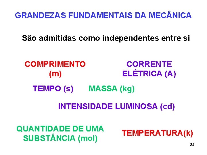 GRANDEZAS FUNDAMENTAIS DA MEC NICA São admitidas como independentes entre si COMPRIMENTO (m) TEMPO GRANDEZAS FUNDAMENTAIS DA MEC NICA São admitidas como independentes entre si COMPRIMENTO (m) TEMPO