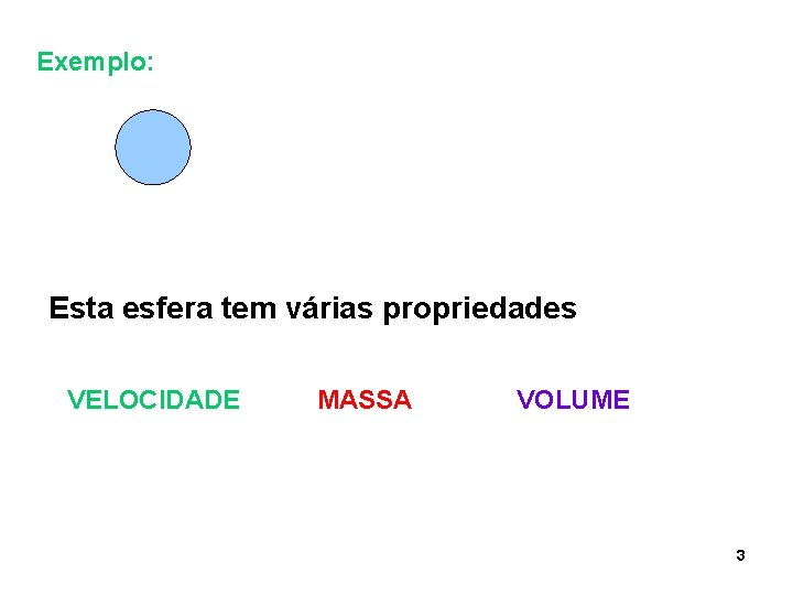 Exemplo: Esta esfera tem várias propriedades VELOCIDADE MASSA VOLUME 3 Exemplo: Esta esfera tem várias propriedades VELOCIDADE MASSA VOLUME 3