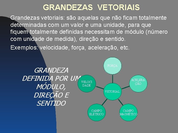 GRANDEZAS VETORIAIS Grandezas vetoriais: são aquelas que não ficam totalmente determinadas com um valor GRANDEZAS VETORIAIS Grandezas vetoriais: são aquelas que não ficam totalmente determinadas com um valor