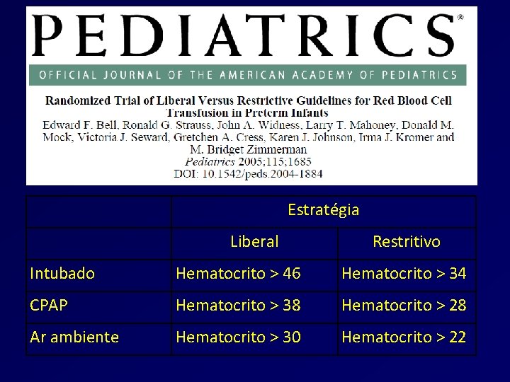 Estratégia Liberal Restritivo Intubado Hematocrito > 46 Hematocrito > 34 CPAP Hematocrito > 38