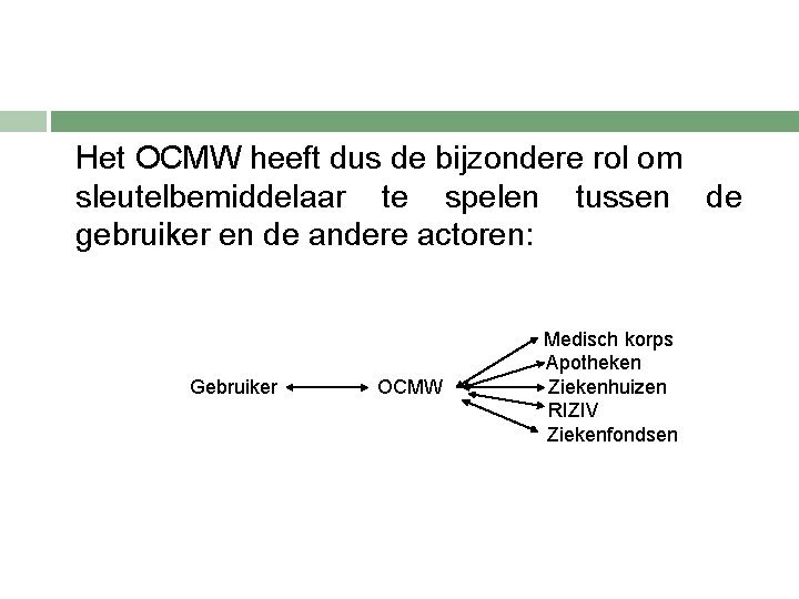  Het OCMW heeft dus de bijzondere rol om sleutelbemiddelaar te spelen tussen de