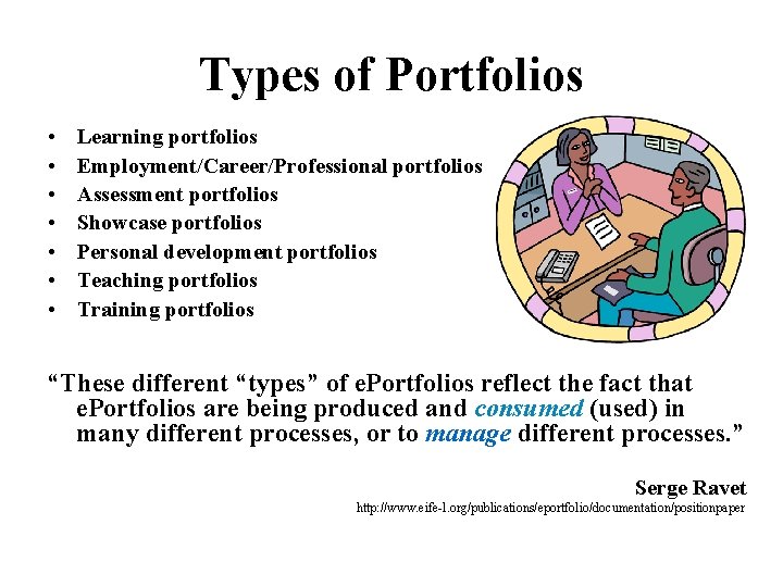 Types of Portfolios • • Learning portfolios Employment/Career/Professional portfolios Assessment portfolios Showcase portfolios Personal