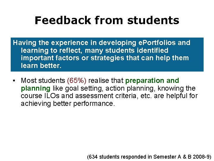 Feedback from students Having the experience in developing e. Portfolios and learning to reflect,