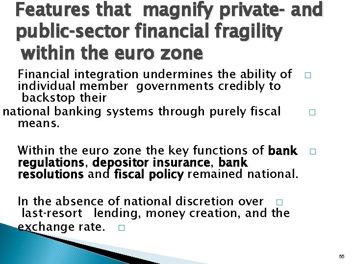 Features that magnify private‐ and public‐sector financial fragility within the euro zone Financial integration