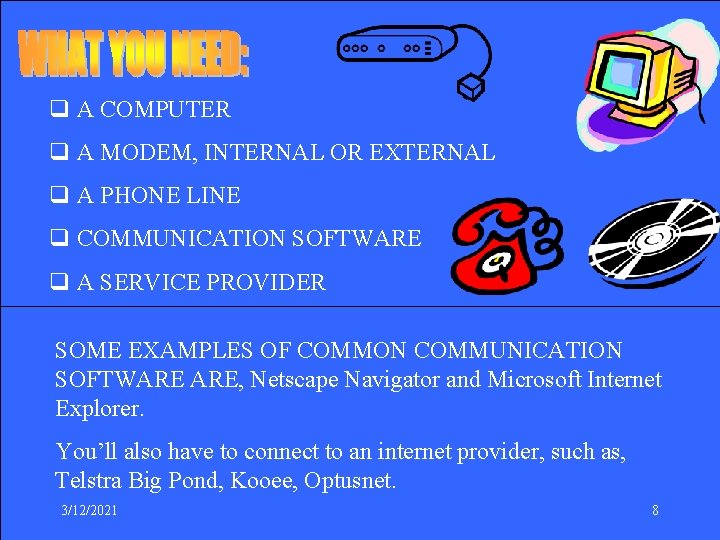 q A COMPUTER q A MODEM, INTERNAL OR EXTERNAL q A PHONE LINE q