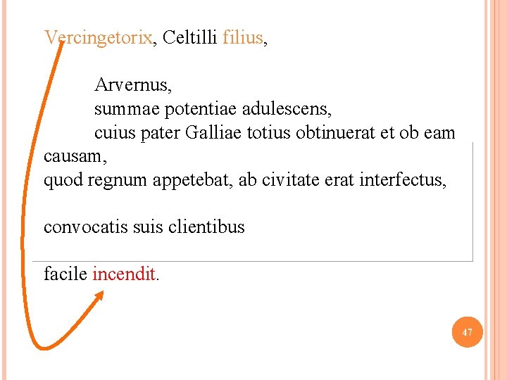 Vercingetorix, Celtilli filius, Arvernus, summae potentiae adulescens, cuius pater Galliae totius obtinuerat et ob