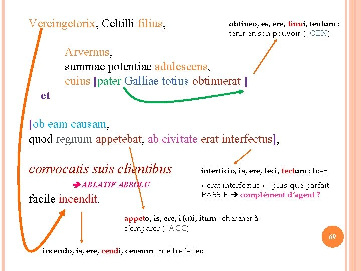 Vercingetorix, Celtilli filius, obtineo, es, ere, tinui, tentum : tenir en son pouvoir (+GEN)