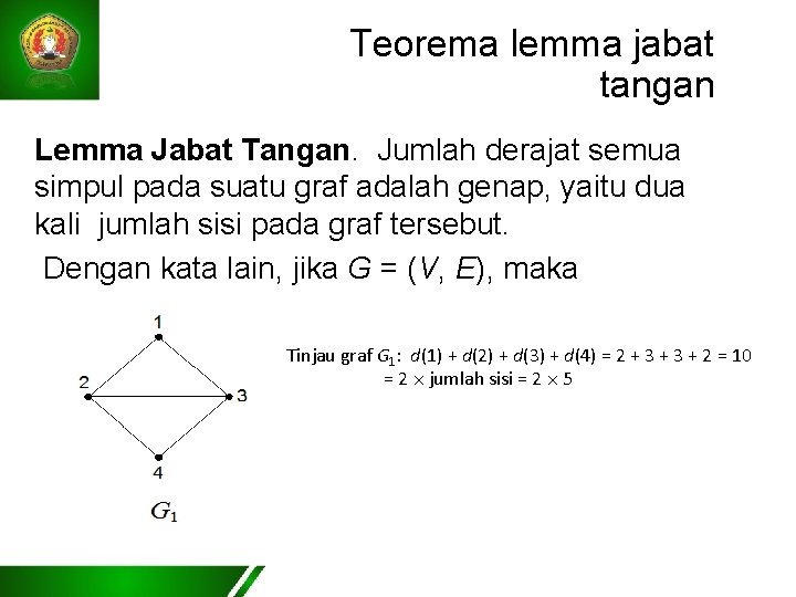Teorema lemma jabat tangan Lemma Jabat Tangan. Jumlah derajat semua simpul pada suatu graf