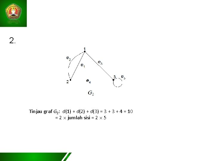 2. Tinjau graf G 2: d(1) + d(2) + d(3) = 3 + 4