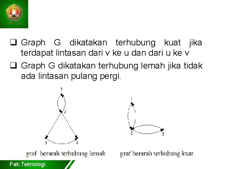 q Graph G dikatakan terhubung kuat jika terdapat lintasan dari v ke u dan