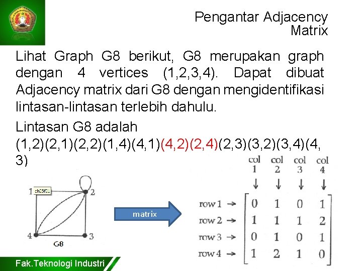 Pengantar Adjacency Matrix Lihat Graph G 8 berikut, G 8 merupakan graph dengan 4