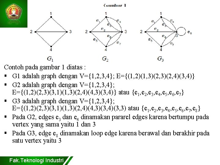 Contoh pada gambar 1 diatas : § G 1 adalah graph dengan V={1, 2,