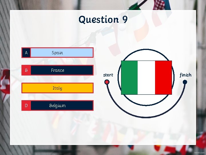 Question 9 A Spain B France C Italy D Belgium start finish 
