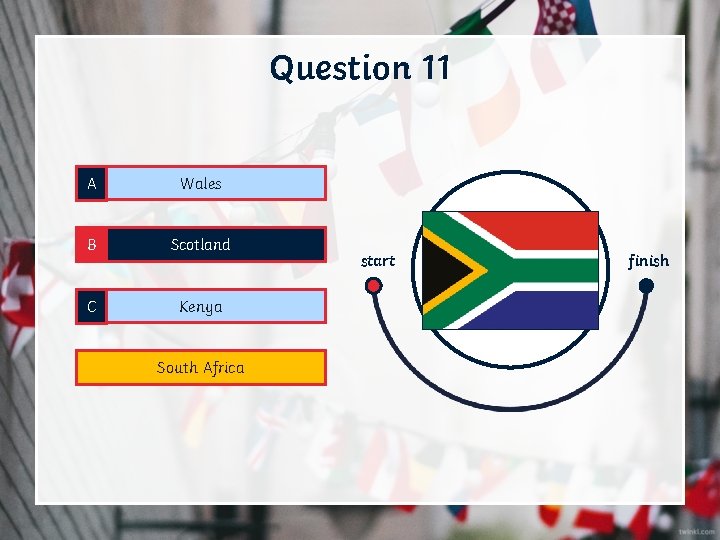 Question 11 A Wales B Scotland C Kenya D South Africa start finish 