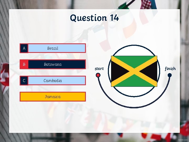 Question 14 A Brazil B Botswana C Cambodia D Jamaica start finish 