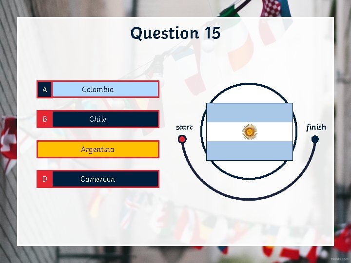 Question 15 A Colombia B Chile C Argentina D Cameroon start finish 