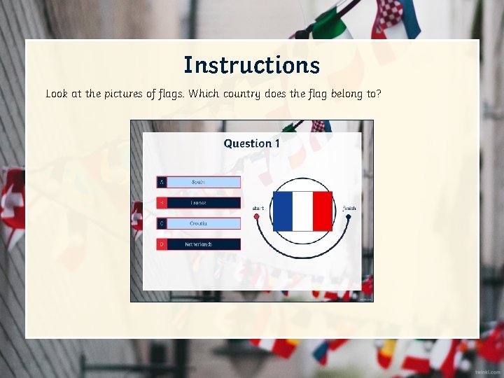Instructions Look at the pictures of flags. Which country does the flag belong to?