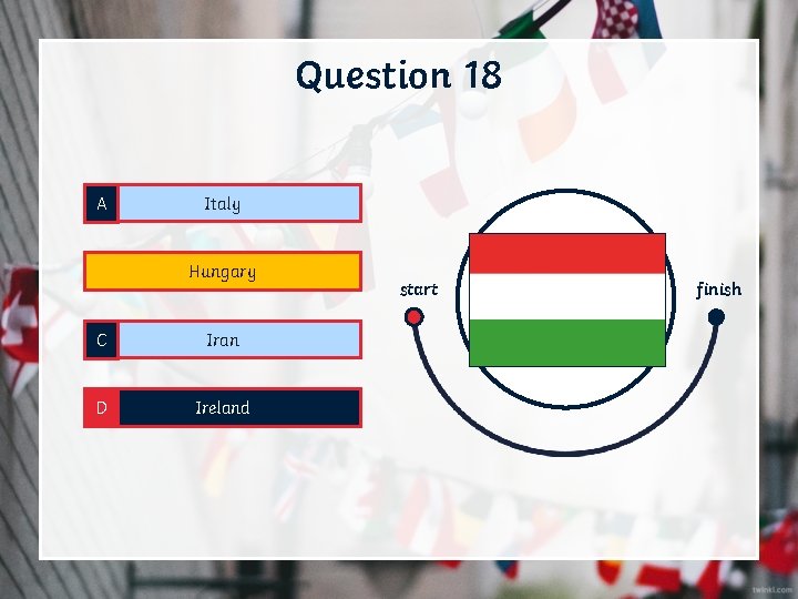 Question 18 A Italy B Hungary C Iran D Ireland start finish 
